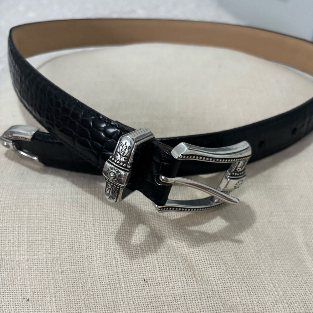 Brighton Black and Tan Leather Belt with Silver Buckle